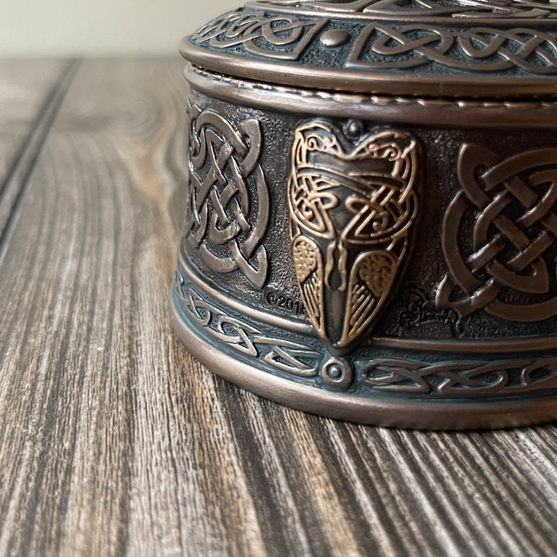 Celtic Pattern Raven Lid Round Trinket Box
