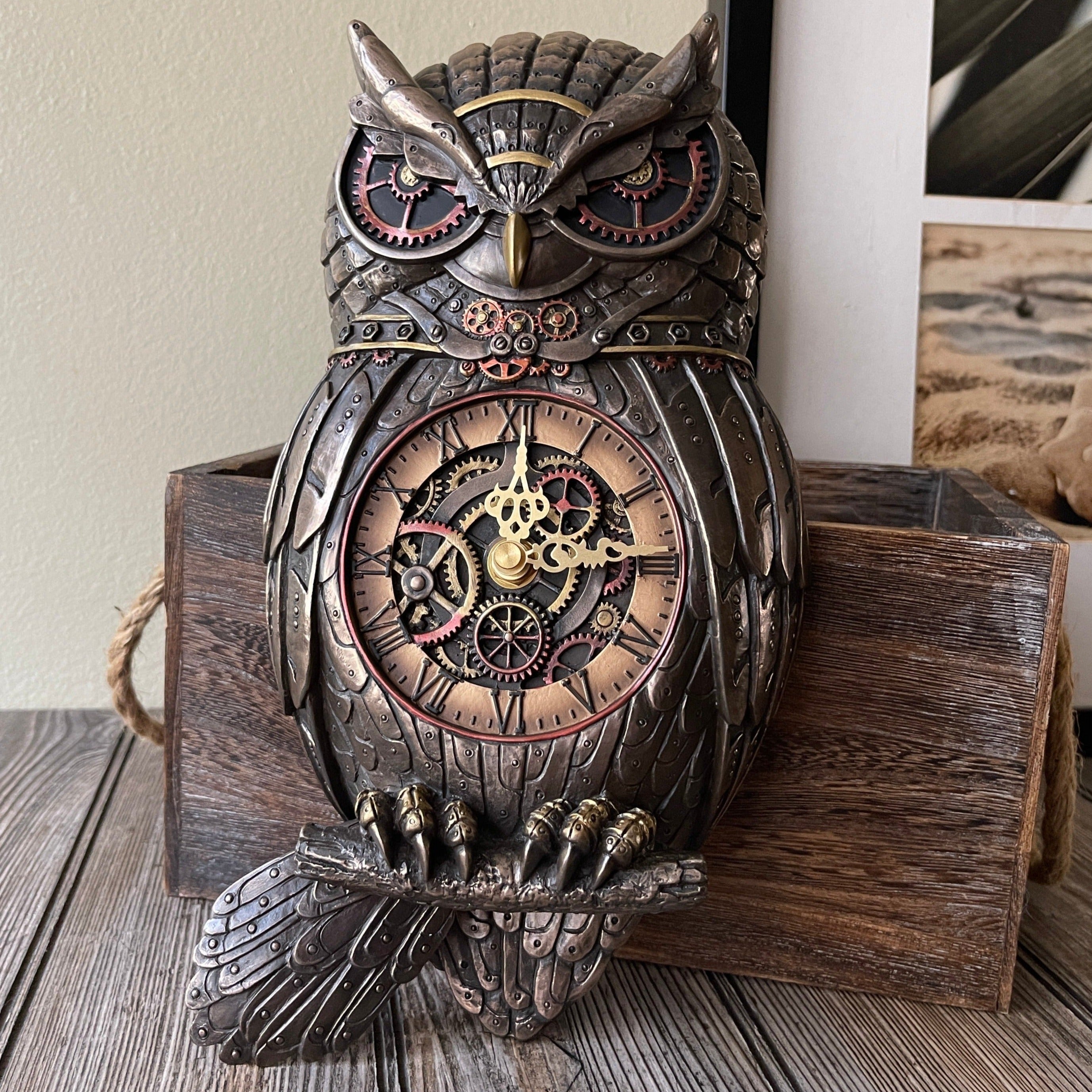 Metallic Bronze Finished Steampunk Owl Pendulum Wall Clock