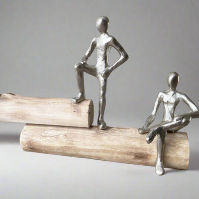 Handmade Three Man On Logs Decorative Statue On WOod