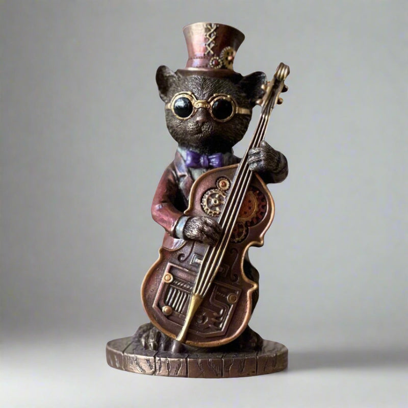 Steampunk Cat Musician Bass Performer Figurine