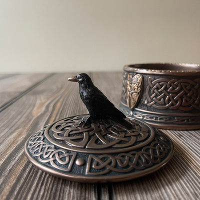 Celtic Pattern Raven Lid Round Trinket Box