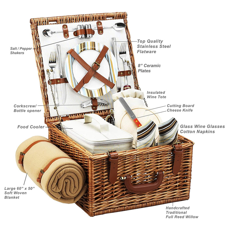 SANTA CRUZ Willow Woven Picnic Basket Set For 2