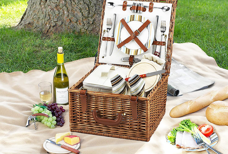 SANTA CRUZ Handmade Reed Willow Woven Picnic Basket Set